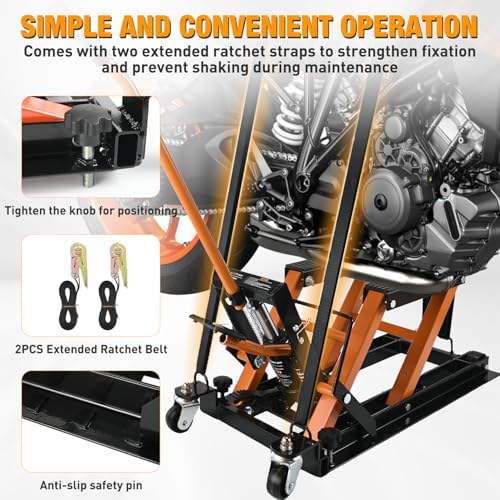 Nilight Motorcycle Lift Jack 1500 LBS Hydraulic Lifts ATV Scissor Jacks with Wheel Foot Pedal Handle Ratchet Belt Heavy Duty Lifter Stand Hoist Table for Dirt Bike Garage Storage Repair Tool,Orange - Image 6