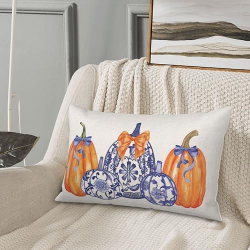 Fall Chinoiserie Pillow Covers 12x20 Set of 2 Blue and Orange Pumpkin Throw Pillows Grandmillennial Autumn Thanksgiving Decoration Pillowcase Outdoor Lumbar Cushion Case for Couch Home Decor - Image 4