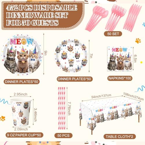 Funnymoom 452 Pcs Cat Birthday Party Decorations for 50 Guests, Cat Paper Plates Napkins Cups Tablecloth Cutlery Straws Disposable Tableware Set for Kitten Lover Birthday Party Supplies - Image 2