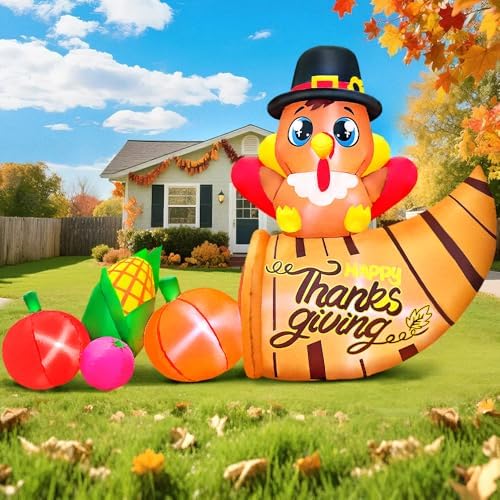 6FT Thanksgiving Inflatables Outdoor Decoration Inflatable Turkey with Cornucopla, Built in LED Lights Blow Up Yard Decorations for Fall Holiday Party Garden Lawn Décor - Image 6