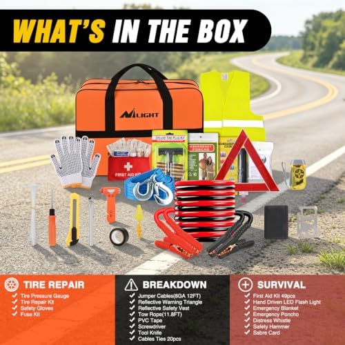Nilight Car Emergency Kit with Jumper Cable, First Aid Kit Safety Assistance Tools for Travel Camping Outdoor Cars Truck SUV RV, Roadside Essentials with Flash Light
