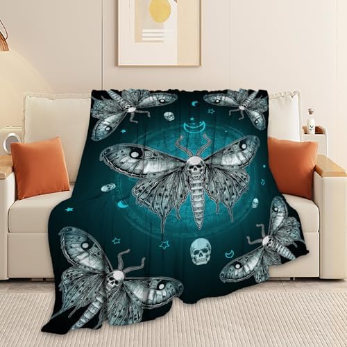 Moth Blanket Gothic Moth Throw Blankets Witchy Skull Print Cozy Fleece Flannel Stuff Plush Lightweight Dark Bedding Lover Gifts for Men Women Adults for Couch Sofa Bed Decor 60"X80" - Image 5