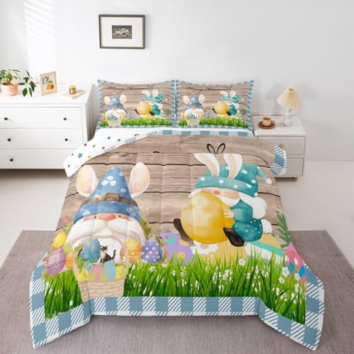 Happy Easter Comforter Set King Size Cute Rabbit Gnomes Bedding Set 3pcs for Kids Girls Boys Bedroom Blue Grid Watercolor Quilt Set Rustic Farmhouse Brown Wooden Duvet Insert,2 Pillowcases - Image 4
