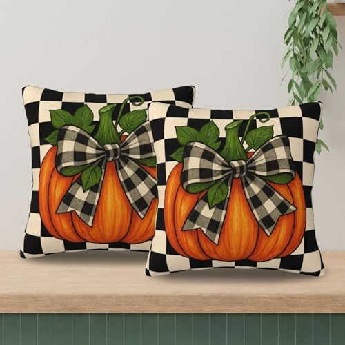 KiuLoam Fall Pillow Covers 22x22 Inch Set of 2 Thanksgiving Harvest Orange Pumpkin Black Buffalo Plaid Print Decorative Throw Pillow Cases Vintage Rustic Farmhouse Style Cushion Covers for Sofa Couch - Image 3