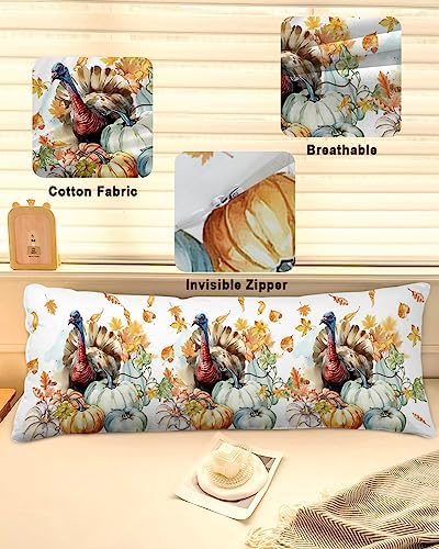 Pillow Covers 20x54 Inch - Body Thanksgiving Watercolor Turkey with Pumpkins White Soft Brushed Microfiber Pillowcases with Hidden Zipper Closure Bed Pillow Shams for Bedroom Sofa Car - Image 2