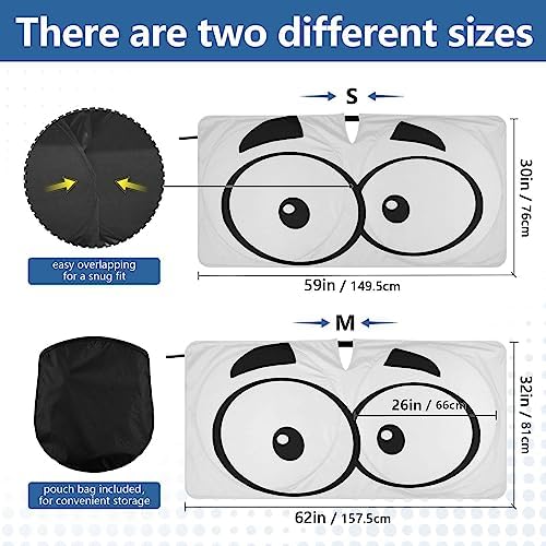 Cute Cartoon Eyes Windshield Sun Shade, Car Sunshade for Auto Truck SUV, Sun Shield that Keeps Your Vehicle Cool, Foldable, Storage Bag (62 x 32 in)