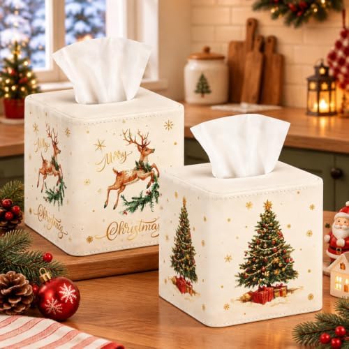 Thyle 2 Pcs Christmas Square Tissue Box Cover PU Leather Christmas Tree Reindeer Tissue Box Holder Closure Xmas Decorations Cube Napkin Holder for Kitchen Car Home Office Living Room Bedroom by Thyle