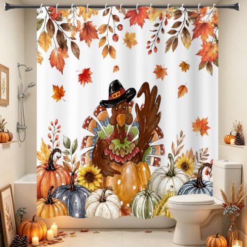 Turkey Shower Curtain, Fall Autumn Thanksgiving Day Pumpkins Maple Leaves Sunflower Harvest Bathroom Curtain for Home Decor Waterproof Fabric Machine Washable with 12 PCS Hooks,72" Wx84 L - Image 2