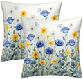 Spring Blue Yellow Flowers Throw Pillow Covers 18X18 Inches Set of 2 Poppy Floral Butterflies Pillowcase Soft Cotton Square Seasonal Cushion Covers for Living Room Sofa Bedroom Decor by Sweetshow