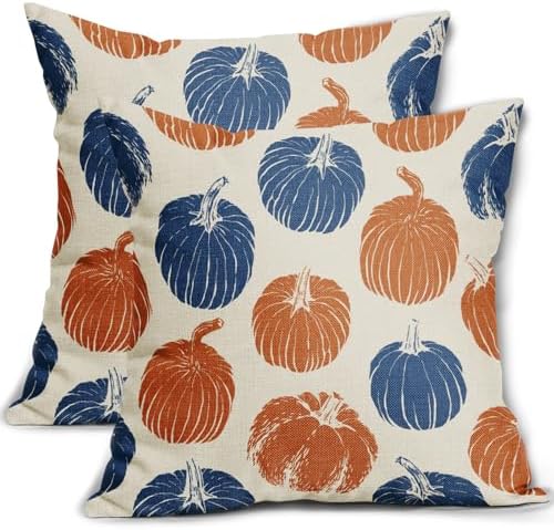 Blue Orange Pumpkin Fall Pillow Covers 20x20 Set of 2 Autumn Harvest Print Thanksgiving Decorative Throw Pillows Outdoor Farmhouse Cushion Case Seasonal Decor for Couch Sofa Bed by Aytipun