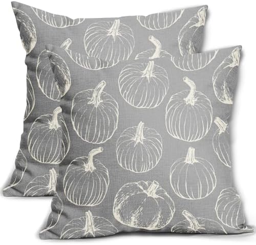 Grey Gray Fall Pumpkin Pillow Covers 24x24 Set of 2 Autumn Themed Thanksgiving Cream Print Decorative Throw Pillows Outdoor PillowCase Farmhouse Linen Cushion Case Decor for Home Sofa Couch Bed by Aytipun
