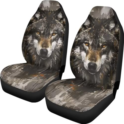 Brown Wolf Print Car Front Seat Cover 2 Piece Vehicle Interior Cover Protector Decor Accessory Seat for SUV Truck Van Sedan