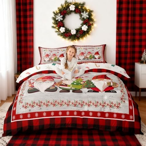 Merry Christmas Kids Duvet Cover Set Queen Size,Cute Gnomes Snowflake Romantic Bedding Set,Girls Boys Adults Room/Cabin Decor,Geometric Grids Retro Comforter Cover,Rustic Quilt Cover,2 Pillowcases - Image 5