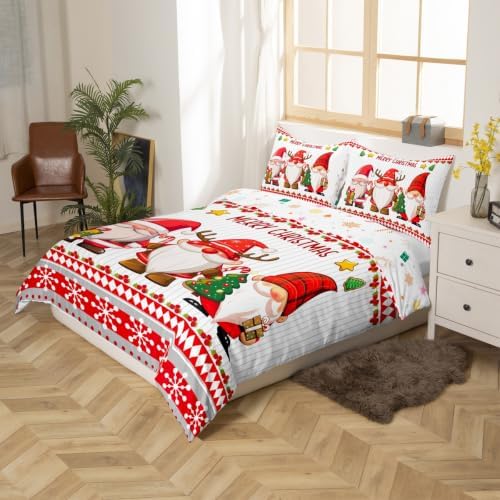 Manfei Cute Gnomes Kids Duvet Cover Set King Size,Merry Christmas Snowflake Dreamy Bedding Set,Girls Boys Adults Room/Cabin Decor,Happy New Year Comforter Cover,Red Romantic Quilt Cover,2 Pillowcases - Image 4