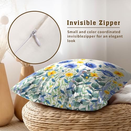 Sweetshow Spring Blue Yellow Flowers Throw Pillow Covers 24X24 Inches Set of 2 Poppy Floral Butterflies Pillowcase Soft Cotton Square Seasonal Cushion Covers for Living Room Sofa Bedroom Decor - Image 4