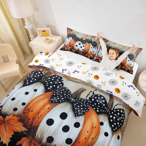 Kids Fall Pumpkin Harvest Bedding Set, Thanksgiving Day Comforter Cover Full Maple Autumn Leaves Duvet Cover For Teens Adult, Country Barn Door Quilt Cover Rustic Farmhouse Decor, 2 Pillow Cases - Image 2