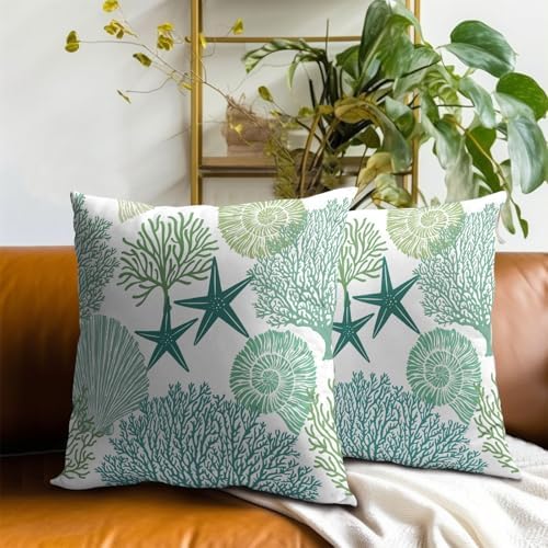 Summer Ocean Themed Nautical Coastal Throw Pillow Covers 22X22 Inches Set of 2 Aqua Teal Seashell Starfish Coral Pillowcase Soft Cotton Square Cushion Covers for Home Sofa Patio Bedroom Decoration - Image 6