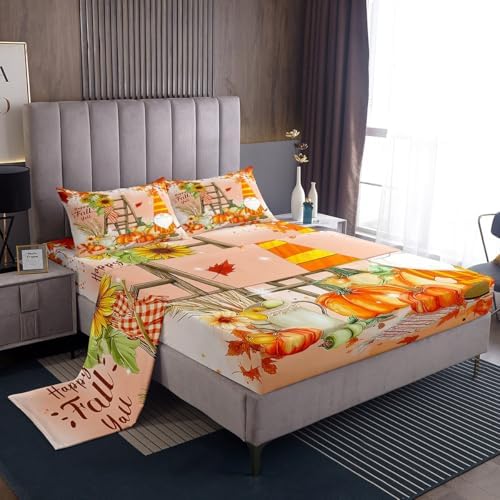 Fall Gnomes Bed Sheets Full Fall Thanksgiving Pumpkin Bedding Set For Girls Teen Women Rustic Farm Autumn Harvest Sheet Set Sunflower Maple Leaf Fitted Sheet Red Orange Flat Sheet + 2 Pillow Cases - Image 2