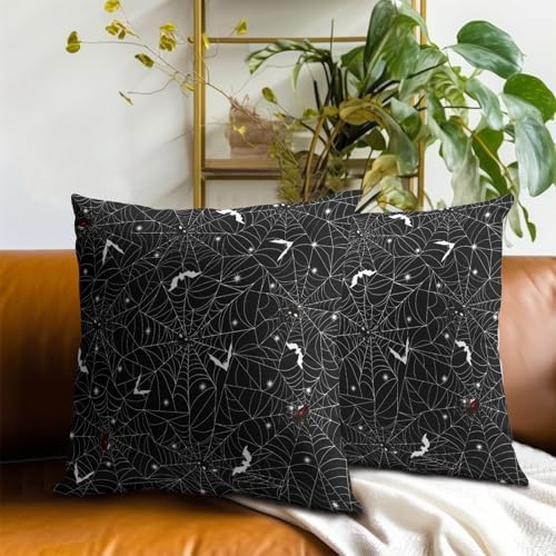 Halloween Spider Web Throw Pillow Covers 22X22 Inches Set of 2 White Bat Pillowcase Soft Cotton Square Cushion Covers for Home Sofa Bedroom Decoration - Image 7