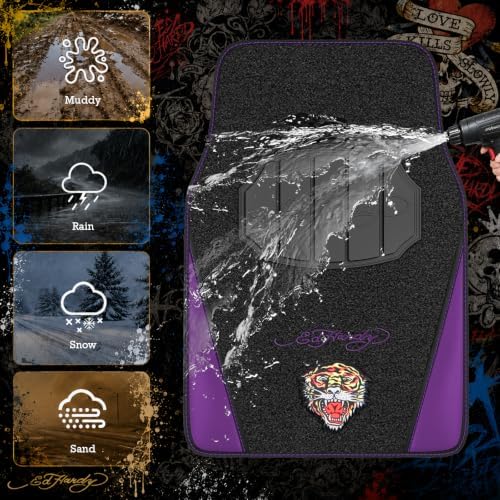 ED HARDY Tiger Print Car Floor Mats, Carpet Floor Mats with Purple Leather Design, Automotive Car Mats with Built-in Heel Pad & Anti-Slip Backing, Fits Most Cars, SUVs & Trucks, Durable & Odorless