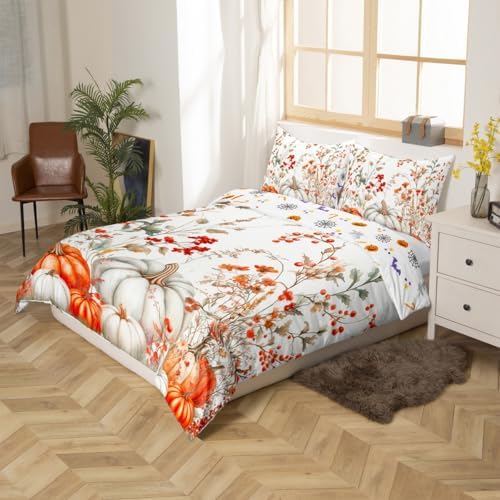 Erosebridal Fall Pumpkin Comforter Cover for Kids, Harvest Thanksgiving Bedding Set King Size Autumn Flower Leaf Duvet Cover for Teens Adult, Rustic Farmhouse Country Quilt Cover,2 Pillow Cases - Image 5