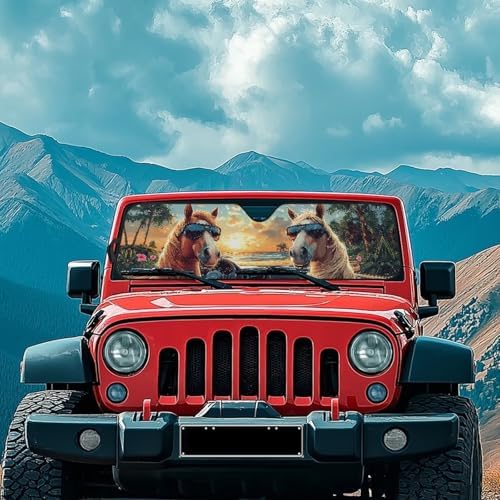 Renewold Automotive Windshield Sunshade, Foldable Car Front Window Sun Shade, Blocks Heat UV Rays Sunlight Sun Visor, Keep Cool Shield Cover, Funny Horse Driving, for Jeep Wrangler JK JL Gladiator JT