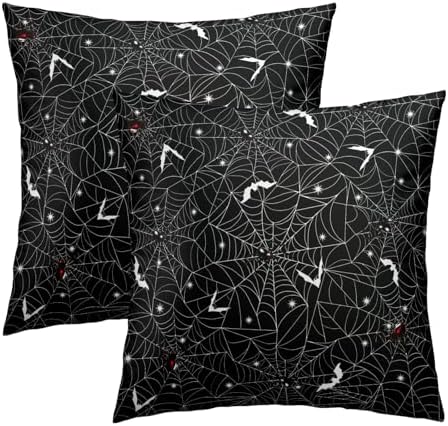 Halloween Spider Web Throw Pillow Covers 24X24 Inches Set of 2 White Bat Pillowcase Soft Cotton Square Cushion Covers for Home Sofa Bedroom Decoration by Sweetshow