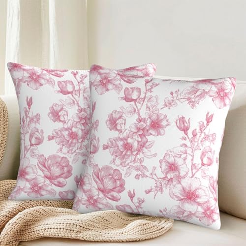 KiuLoam Pink Floral Pillow Covers 18x18 Inch Set of 2, Chinoiserie Ink Line Flower Farmhouse Decorative Throw Pillows, Vintage Rustic Outdoor Square Cushion Cases for Sofa Couch Bed Home Decor - Image 2
