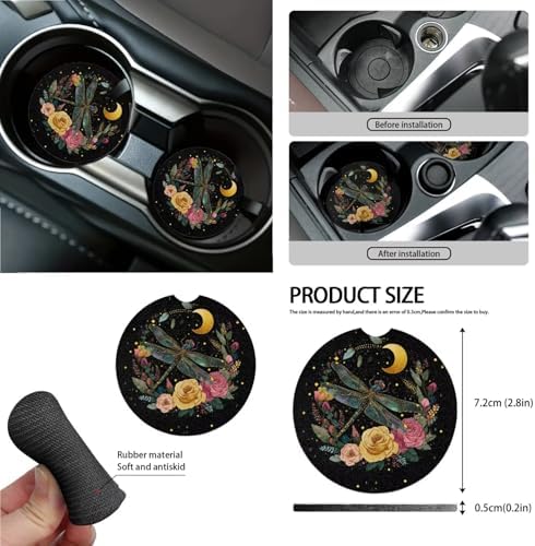 Dragonfly Roses Floral Moon Print Car Seat Cover Sets Steering Wheel & Seat Belt Cover Trash Bin Air Vent Storage Box Front Rear View Mirror Cup Holder Keychain 15Pcs Car Accessories