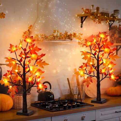 Fall Decor 2 Pack 24 Inch Lighted Maple Tree with 48 LED & Timer, Battery Operated Artificial Autumn Tabletop Tree with Acorns Maple Indoor Fall Decorations for Home, Thanksgiving Table Decor - Image 6