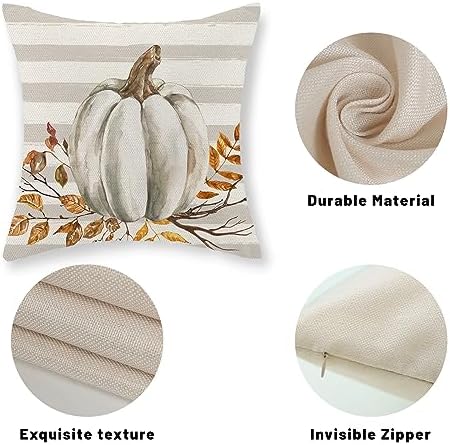 Fall Pillow Covers 16x16 Set of 2 Pumpkin Leaf Branch and Stripes Fall Decor Pillowcase Linen Autumn Thanksgiving Decorative Outdoor Throw Pillow Covers Farmhouse Cushion Case for Couch Home - Image 7