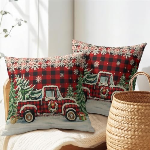 Christmas Buffalo Plaid Truck Throw Pillow Covers 20x20 Set of 2 Snowflakes - Image 7