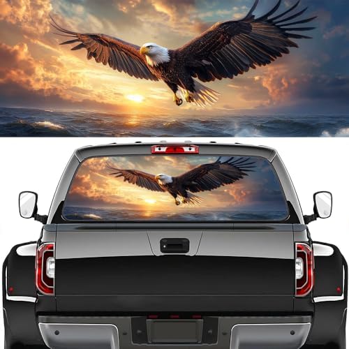 Cool Eagle Truck Back Window Graphics Decals, Beautiful Sunset Ocean Animal Modern Universal See Through Rear Window Vinyl Wrap Full Window Decals for Trucks SUV 66 x 22 inch