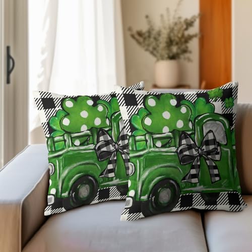St Patricks Day Pillow Covers 18x18 Set of 2 Shamrock Clover Throw Pillow Covers Spring Pillowcase Linen Decoration Farmhouse Decorative Buffalo Plaid Cushion Case Couch for Indoor Home Decor - Image 3