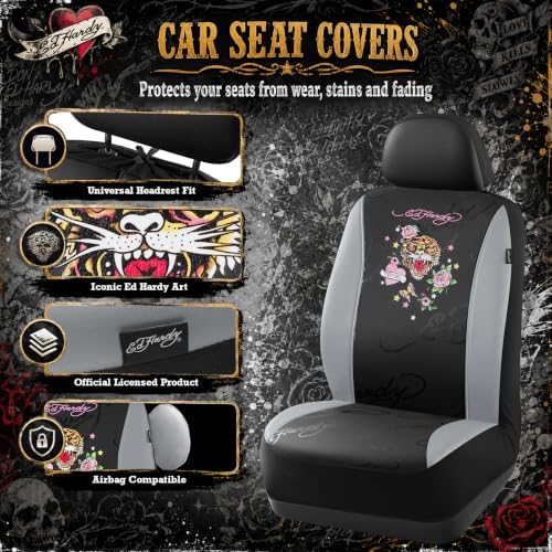 ED HARDY Tiger Print Car Seat Covers, Gray Premium Leather Front Seat Covers, Universal Fit Automotive Covers for Most Cars, Trucks & SUVs, Airbag Compatible, Waterproof, Scratch Resistant