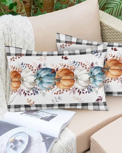 Pillow Covers 20x30 Inch - Queen Fall Blue Orange and White Pumpkin Black Plaid Soft Brushed Microfiber Pillowcases with Hidden Zipper Closure Bed Pillow Shams for Bedroom Sofa Car - Image 6