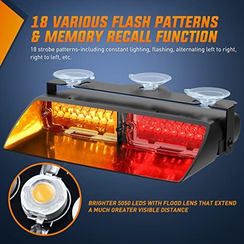 Nilight Emergency Strobe Lights, Windshield Hazard Warning Safety Flash Lights with Suction Cups, 16 LEDs, Amber and Red, ABS Housing, 2 Year Warranty
