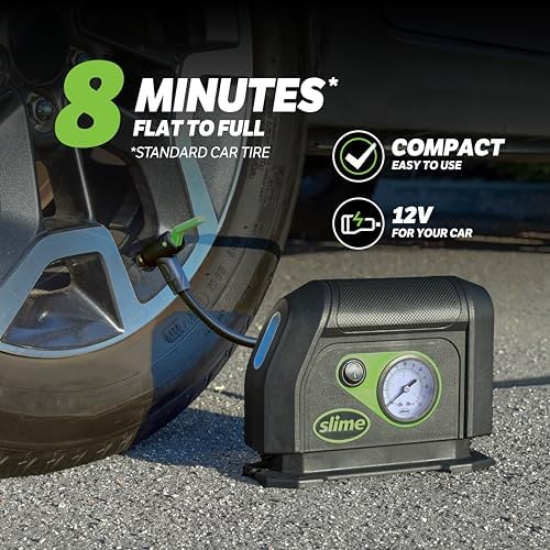 Slime 40050 Tire Inflator, Portable Car Air Compressor, with Analog 100 psi Dial Gauge, Long Hose and LED Light, 12V, 8 min Inflation - Image 3