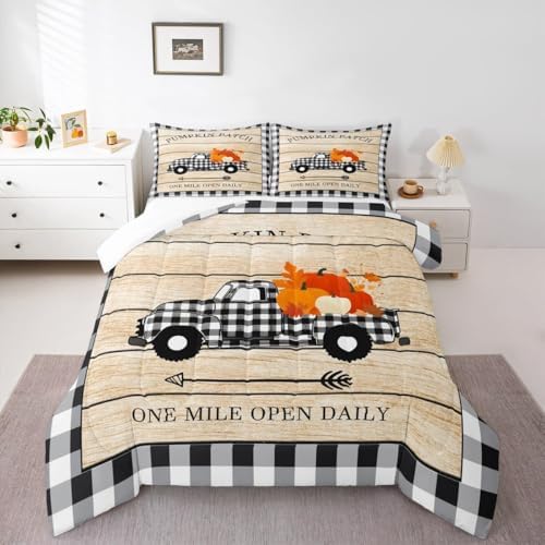 Homewish Rustic Farmhouse Truck Comforter Set Full Size,Black White Geometric Grid Bedding Kids Teens Adults Decor,Fall Pumpkin Themed Quilt Halloween Style Bedspread 3pcs with 2 Pillowcases - Image 4