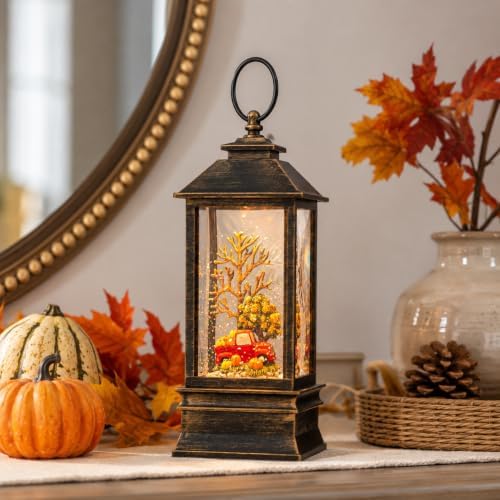 Fall Snow Globe Lantern Thanksgiving Glittering Lighted Lantern, Fall Harvest Day Decorations Gifts, Home Fall Halloween Decor (Pumpkins &Truck) - Image 6
