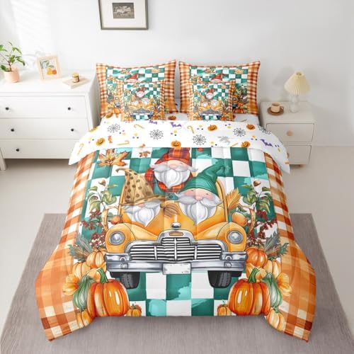 Fall Gnome King Comforter Set 7 Piece,Autumn Fall Leaves Bed in a Bag,Thanksgiving Pumpkin Santa Dwarf Bedding Sets with 1 Comforter,2 PillowShams,2 Pillowcases,1 Flat Sheet,1 Fitted Sheet - Image 3