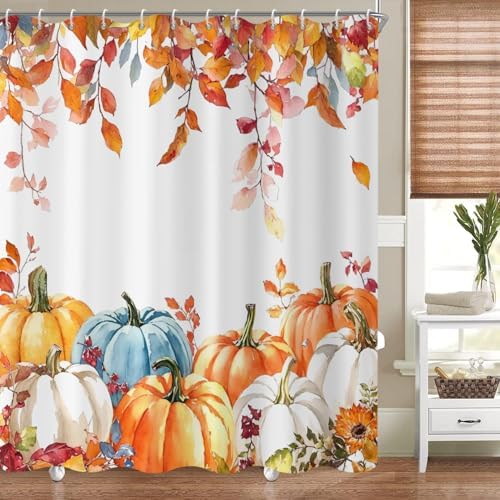 Fall Pumpkin Shower Curtain, Colorful Watercolor Autumn Pumpkins Maple Leaves on The Top Thanksgiving Day Harvest Bathroom Curtain Waterproof Fabric Machine Washable with Hooks, 72" Wx84 L by Caheansi