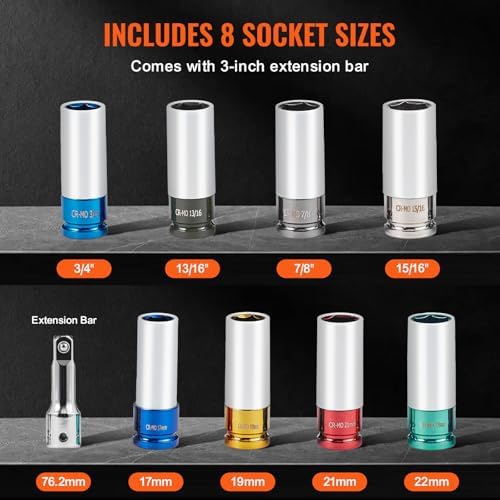 VEVOR 9-Piece Lug Nut Impact Socket Set 1/2 Inch Drive, Metric and SAE, 6-Point, CR-MO, Deep Wheel Protector Impact Socket Set With Storage Case and Extension Bar for Auto Repair - Image 3