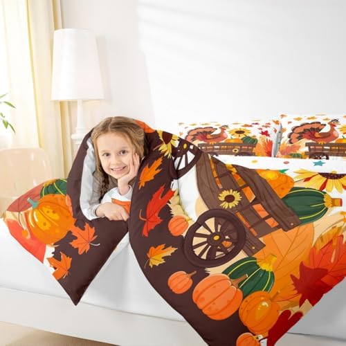 Feelyou Fall Bedding Set for Girls Boys Kids King Size Maple Leaves Pumpkin Comforter Cover Room Decor Turkey Thanksgiving Daisy Duvet Cover White Orange Quilt Set - Image 6