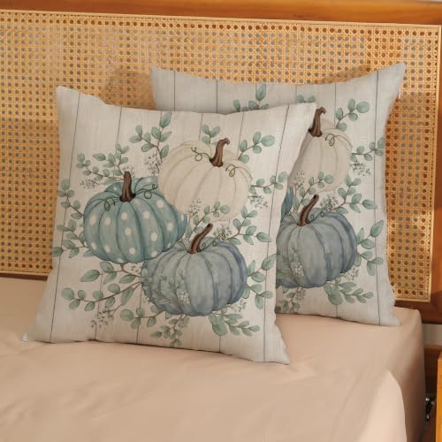 Fall Pillow Covers 18x18 Set of 2 Teal Blue Pumpkin Pillow Cases White Polka Outdoor Autumn Harvest Decoration Wood Plank Throw Pillows Linen Thanksgiving Cushion Case for Couch Sofa Home Decor - Image 3