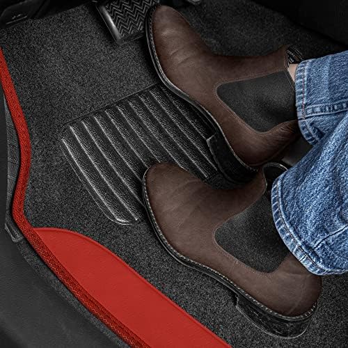 BDK Carpet Floor Mats for Cars, Two-Tone Carpet Car Mat with Faux Leather Accents, Automotive Floor Mat Sets with Built-in Heel Pad, Stylish Interior Car Accessories Red