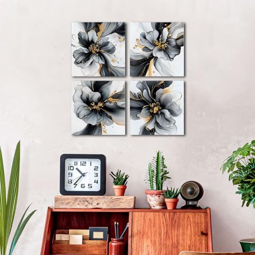 Black and White Abstract Wall Art Framed Marble Flowers Pictures for Living Room Bathroom Wall Decor Gold Foil Fluid Lines Posters Prints Neutral Minimalist Ink Painting Home Decorations 16x16 4 Pcs - Image 3