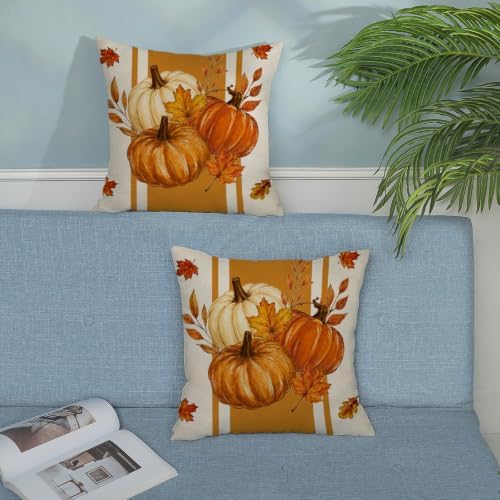 Fall Orange White Pumpkin Pillow Covers 18x18 Set of 2 Stripes - Image 4