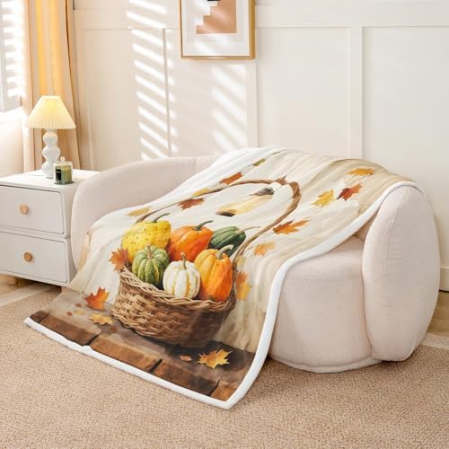 Fall Pumpkin Throw Blanket Harvest Basket Fleece Flannel Blankets Kids Boys Girls Room Decor Maple Leaf Thanksgiving Bed Blankets for Bed Sofa Couch Orange Yellow White Plush Blanket Throw 50"x60" - Image 5