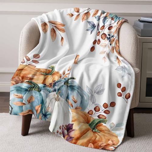 DecorLovee Orange Blue Grey Fall Blanket 50"x80", Reversible Pumpkins Throw Blanket for Couch/Bed, Botanical Thanksgiving Lightweight Soft Throw Blankets for Adult, Warm Fuzzy Blankets for Winter - Image 6